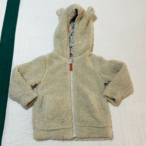 Mini Boden Full Zip Hooded Teddy Jacket Floral Print Lining Ears Cream Size 2-3Y